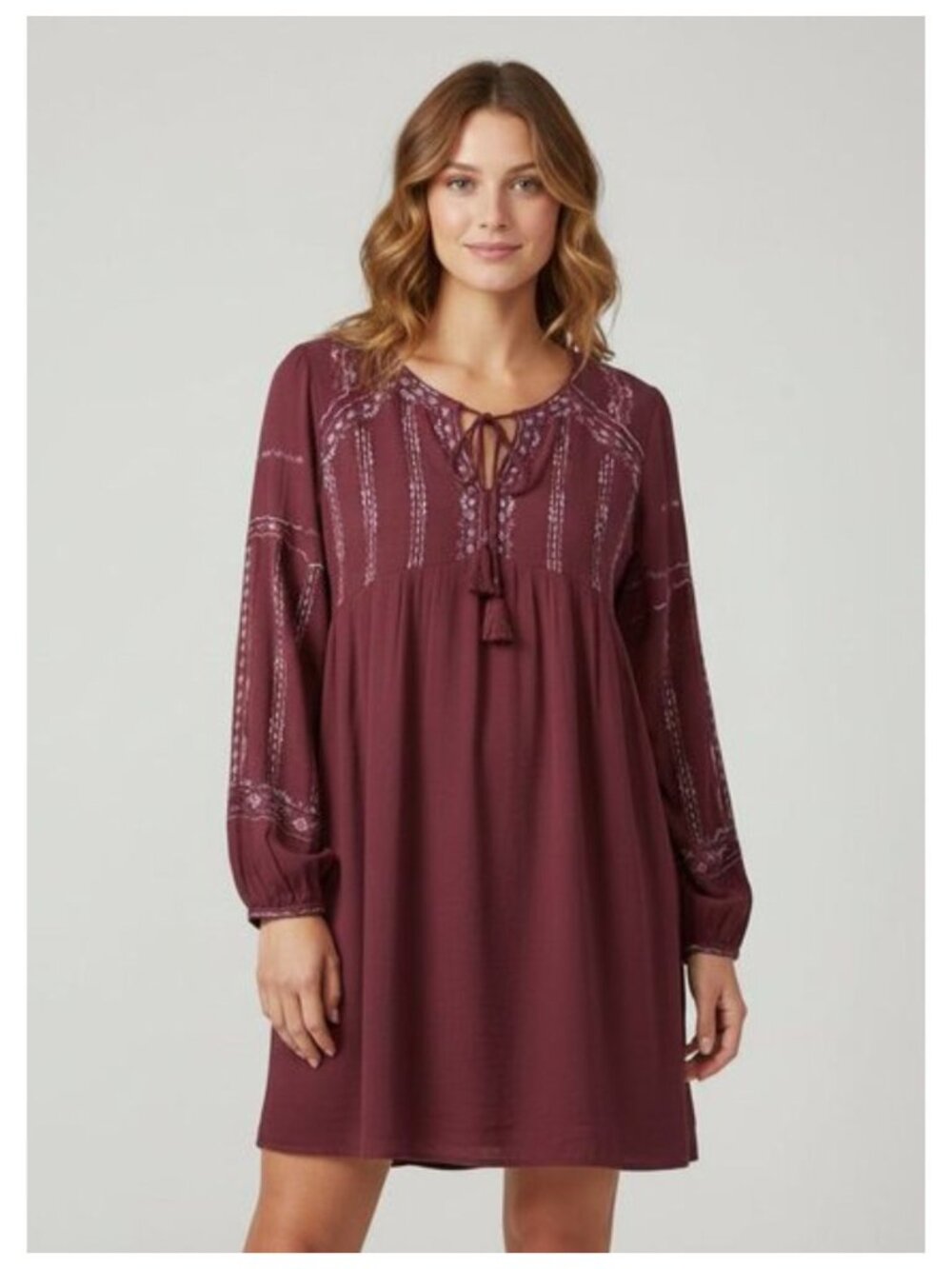 KNOX ROSE Burgundy Embroidered V-Neck Tassel Tie Long Sleeve Peasant Dress L